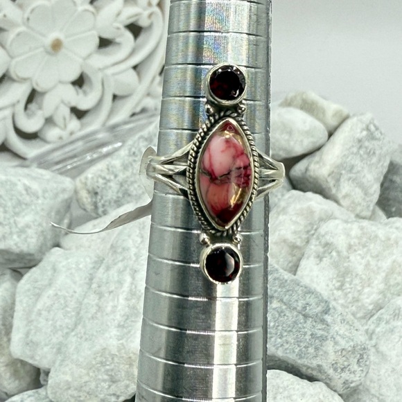 NWT Sterling Silver Red Dahlia Turquoise Garnet Ring Size 8 Boho Southwestern - Picture 17 of 17